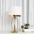 Tischlampe moderner leichter Luxus Stil, Stoffschirm, dekorativer Metallfuß, E27 Tischleuchte, Nachttischlampe, H x D: 49 x 25 cm, Gold Farbe/weiß