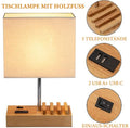 Dreamholder Tischlampe mit 3 USB A+C Anschlüssen, 3 Telefonständer, Moderne USB Nachttischlampe für Schlafzimmer, Wohnzimmer, Büro, Nachttischlampe mit Naturholzsockel & Stoffschirm