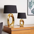 Reality Leuchten Taba R50511079 Tischleuchte, Keramik, Stoffschirm Schwarz/Goldfarbig, Höhe 33cm