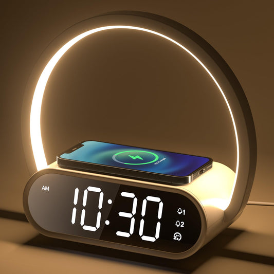 VOSFEEL Nachttischlampe Touch Dimmbar mit Wecker, Tischlampe mit Ladefunktion Wireless Ladegerät, Nachtlampe 4 Stufige Helligkeit USB-Ausgang für Schlafzimmer Wohnzimmer Buro