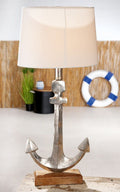 GILDE Maritime Lampe Alu-Anker auf Mangoholzsockel mit weißem Schirm