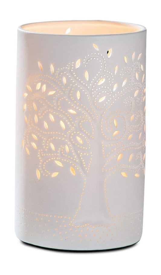 GILDE Lampe Tischlampe Dekolampe Lebensbaum - aus Porzellan mit Lochmuster im Prickellook H 20 cm