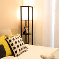 Stehlampe aus Holz, Stehleuchte mit Regal 3 Farbtemperaturen 3000-5000K, Holzablage mit E27 Fassung, Eckregal Regalbeleuchtung Retro für Wohnzimmer Schlafzimmer Büro(Glühbirnen Enthalten)