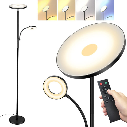 LED Stehlampe Wohnzimmer Dimmbar, 42W 3600LM Deckenfluter mit Leselampe, Fernbedienung & Touchsteuerung, 1-Minuten-Installation, Stehlampe Modern für Wohnzimmer, Büro, Esszimmer, Schlafzimmer(Schwarz)