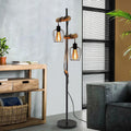 ZMH Stehlampe Wohnzimmer Holz Stehleuchte Schwarz - Retro Vinatge Standleuchte 2 flammig im Industrial Design aus Metall mit Schalter E27 Fassung 151cm Standlampe für Schlafzimmer (ohne Leuchtmittel)