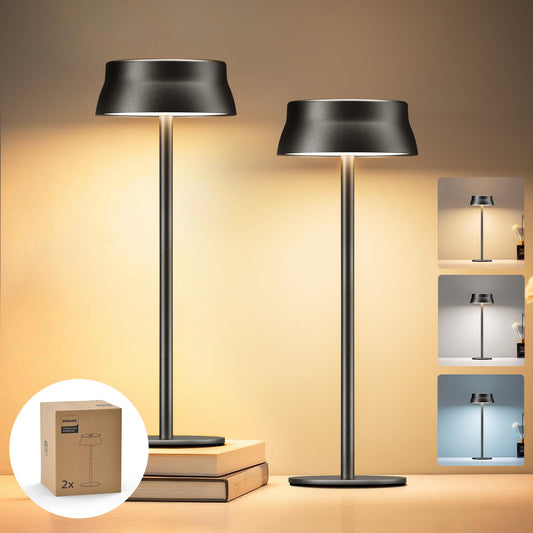 Philips Tischlampe Kabellose 2 Stück, Portable LED Akku Tischleuchte mit 2 stufig höhenverstellbar, Touch Stufenlos Dimmbar Nachtlicht, Wasserdicht für Schlafzimmer, Schwarz