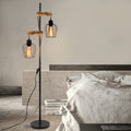 ZMH Stehlampe Wohnzimmer Holz Stehleuchte Schwarz - Retro Vinatge Standleuchte 2 flammig im Industrial Design aus Metall mit Schalter E27 Fassung 151cm Standlampe für Schlafzimmer (ohne Leuchtmittel)