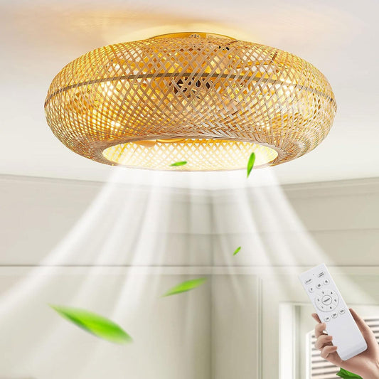 MiiR Deckenventilator Mit Beleuchtung Und Fernbedienung Leise E27 Retro Bambus Deckenlampe Mit Ventilator 6-Gang Reversibler Motor Deckenventilatoren Für Wohnzimmer Schlafzimmer Esszimmer Beleuchtung