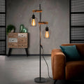 ZMH Stehlampe Wohnzimmer Holz Stehleuchte Schwarz - Retro Vinatge Standleuchte 2 flammig im Industrial Design aus Metall mit Schalter E27 Fassung 151cm Standlampe für Schlafzimmer (ohne Leuchtmittel)