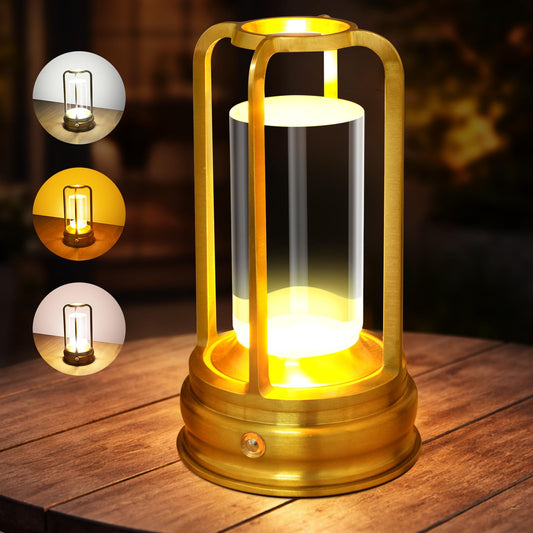Tischlampe kabellos – Dimmbare Akku-Tischlampe 2000mAh mit Touchsteuerung, 3 Lichtfarben, USB-C, Aluminium, LED Tischlampe für Innen & Außen, Terrasse, Restaurant, Schlafzimmer, Gold 1er Set