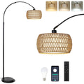 Rayofly Bogenlampe Wohnzimmer Stehlampe, Vintage Stehlampe mit Rattan Lampenschirm, Boho Stehlampe mit Fernbedienung und LED-Glühbirne, App-Steuerung, Dimmbar Stehlampe für Schlafzimmer Büro, Schwarz