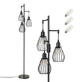 EDISHINE Stehlampe Wohnzimmer, 3-flammige Stehleuchte Dimmbar mit E27 LED-Glühbirnen, Käfig Lampenschirm aus Metall, 2700K warmweiß, Industrial Standleuchte für Schlafzimmer und Büro, 166 cm, Schwarz