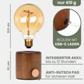 WALDWERK Nachttischlampe aus Eichenholz und Metall - Dimmbare Tischlampe mit Akku - Lampe Kabellos - Tischleuchte - Tischlampe Kabellos - Nachtlicht aus Holz