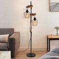ZMH Stehlampe Wohnzimmer Holz Stehleuchte Schwarz - Retro Vinatge Standleuchte 2 flammig im Industrial Design aus Metall mit Schalter E27 Fassung 151cm Standlampe für Schlafzimmer (ohne Leuchtmittel)